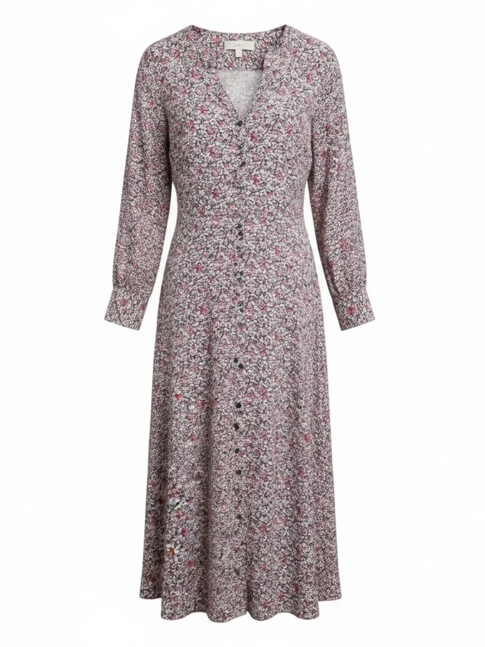 LOFT Pink, White and Black Floral Button-Front Midi Dress